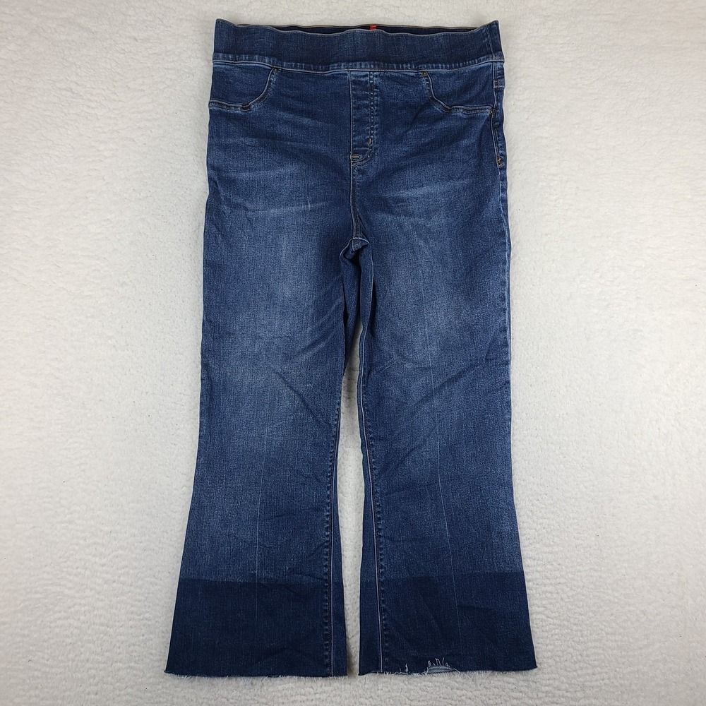 SPANX Pull On Jeans Womens 1X Blue Wide Leg Crop Dark Wash Denim
